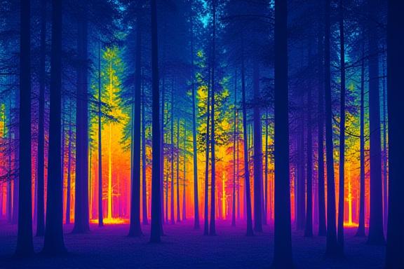 Eine Wärmebildaufnahme von Bäumen, die unterschiedliche Temperatur-Signaturen aufweisen.