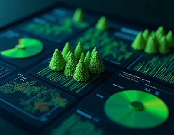 Ein Screenshot eines komplexen Dashboards, das 3D-Waldanalysen und Diagramme zeigt.